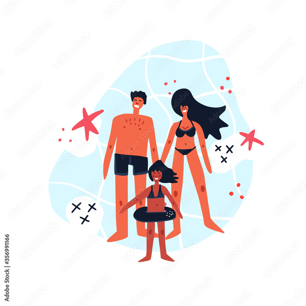 Woman, man and kid standing in the sea. Flat hand drawn illustration of family. Woman, man and kid standing in the sea. Flat hand drawn illustration of family.
