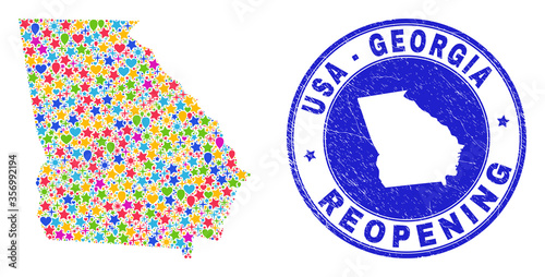 Celebrating Georgia State map collage and reopening unclean stamp. Vector collage Georgia State map is made with randomized stars, hearts, balloons.