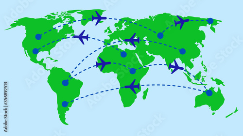 transport by plane  airplane  plane  aircraft  concept  travel around the world  transport  passenger  trip  world  illustration  map  earth  geography  design  planet  travel  global  background  vec
