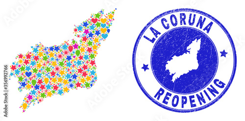Celebrating La Coruna Province map collage and reopening rubber watermark. Vector collage La Coruna Province map is composed of randomized stars, hearts, balloons.