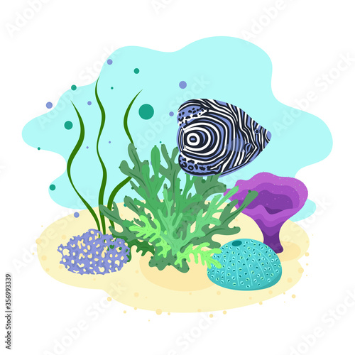 Underwater cartoon clipart with corals, algae and tropical exotic fish on white background. Vector hand drawn illustration of under the sea scene.