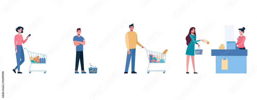 vector Illustration of several people standing in line to shop in supermarket and keep social distance, so as not to spread virus,COVID-19. Men and women stand in front of cash register, with carts