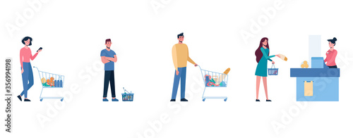 vector Illustration of several people standing in line to shop in supermarket and keep social distance  so as not to spread virus COVID-19. Men and women stand in front of cash register  with carts