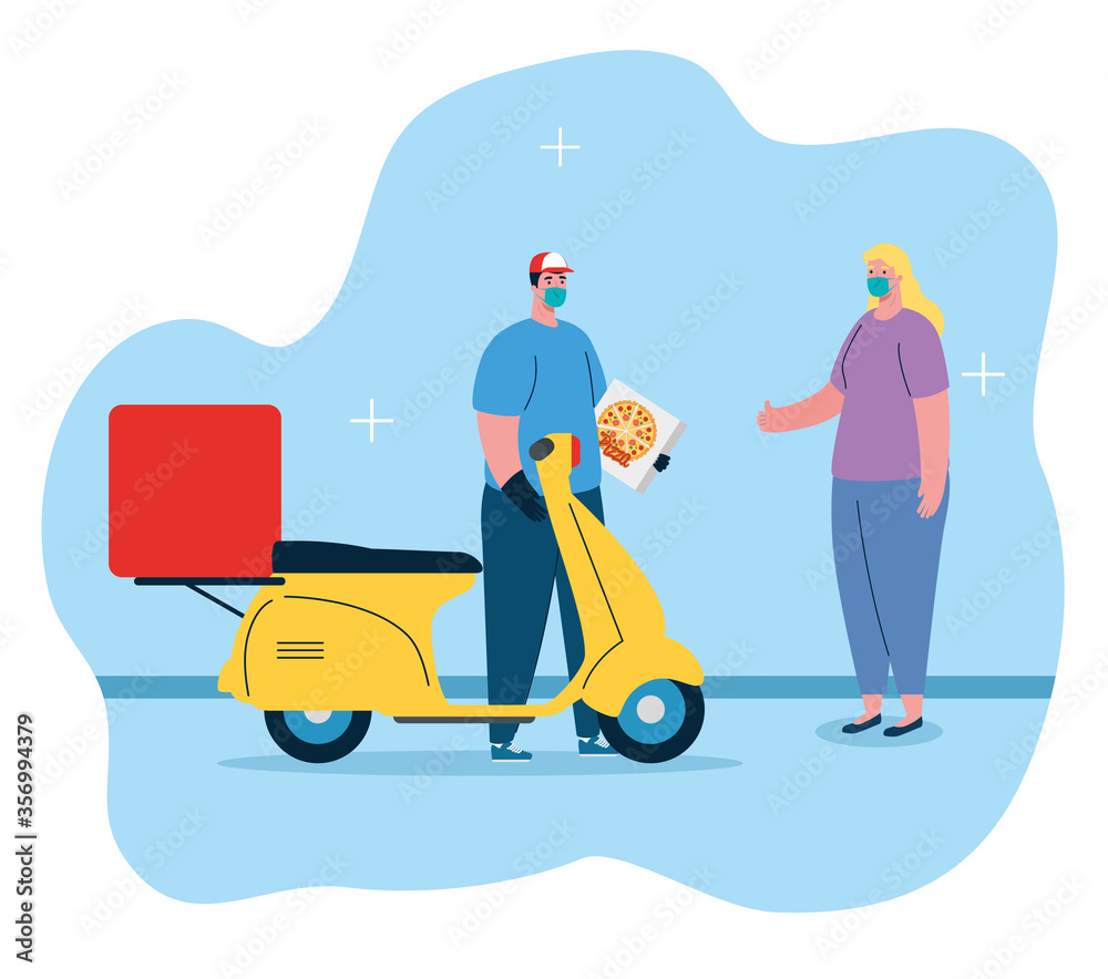 delivery of pizza during the prevention of coronavirus, courier worker using face mask with motorcycle vector illustration design