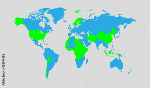 World map green and blue with countries vector background