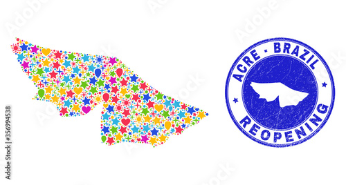 Celebrating Acre State map collage and reopening dirty seal. Vector collage Acre State map is composed of scattered stars, hearts, balloons. Rounded crooked blue seal with unclean rubber texture.