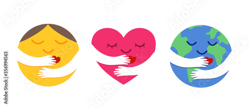 Set of emoticon Care emoji, heart emoji, earth emoji hugging yourself. Self care and happiness concept.