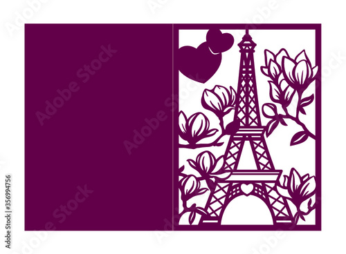Laser cutting romantic template. Wedding invitation or greeting card with Paris Eiffel tower and blooming magnolia. Valentines day  fold envelope. I love Paris die cut silhouette. Vector illustration.