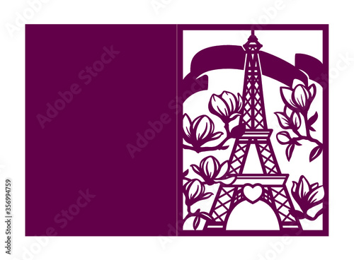 Laser cutting romantic template. Wedding invitation or greeting card with Paris Eiffel tower and blooming magnolia. Valentines day fold envelope. Die cut silhouette with hearts. Vector illustration.