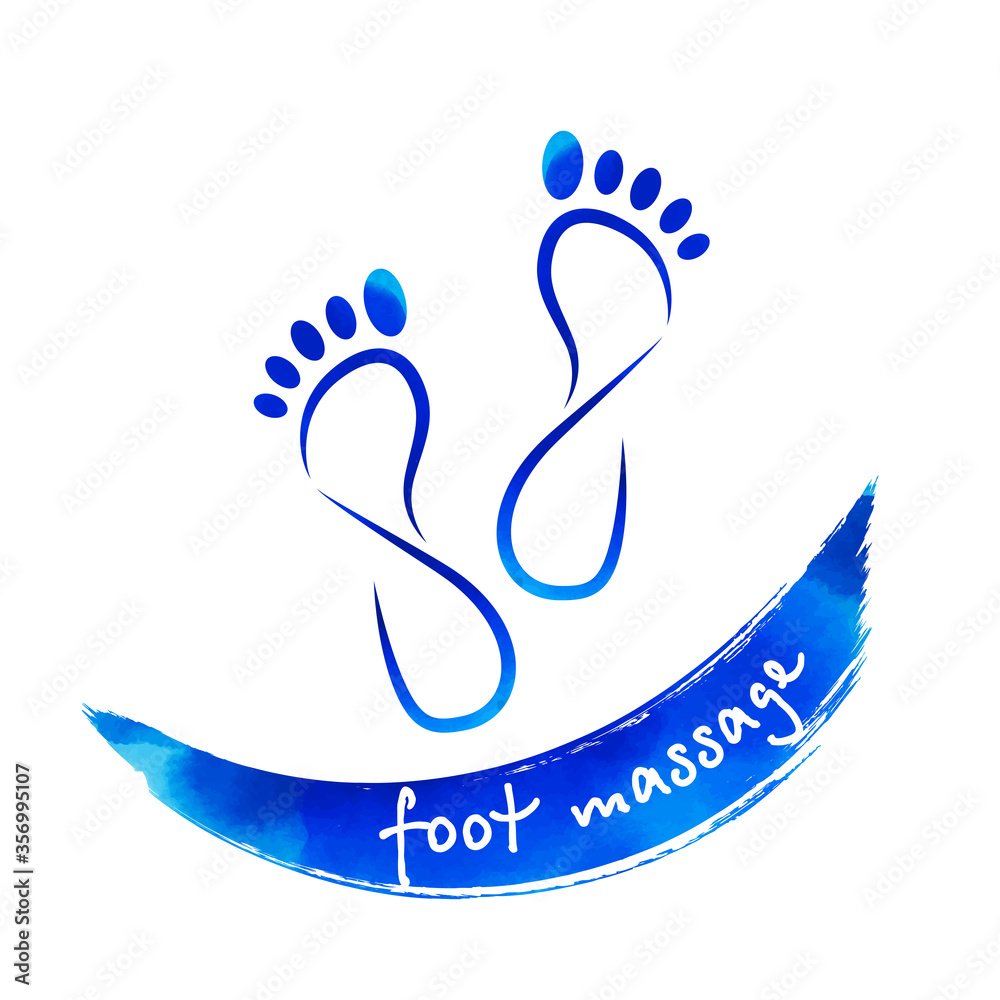 Obraz premium Foot massage concept. Silhouette of feet on Brush Stroke in blue watercolor background for your web site design, app, UI. Reflexology. Stock vector. EPS10.