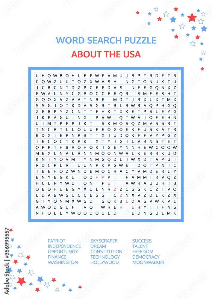 Word search puzzle. Vector game about the USA. Worksheet for adults ...