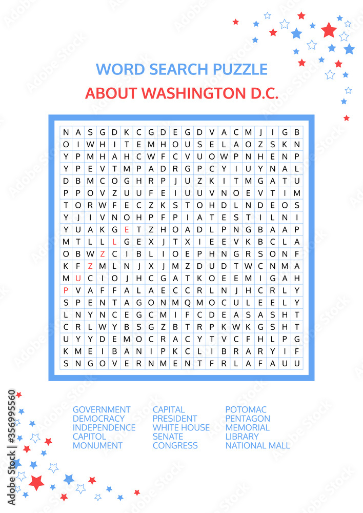 word search puzzle vector game about washington dc worksheet for adults teenagers and children colorful printable version about the capital of the united states of america advanced level stock illustration adobe