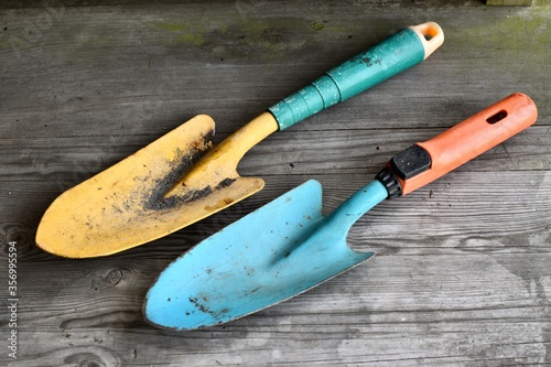 gardening tools on wooden background