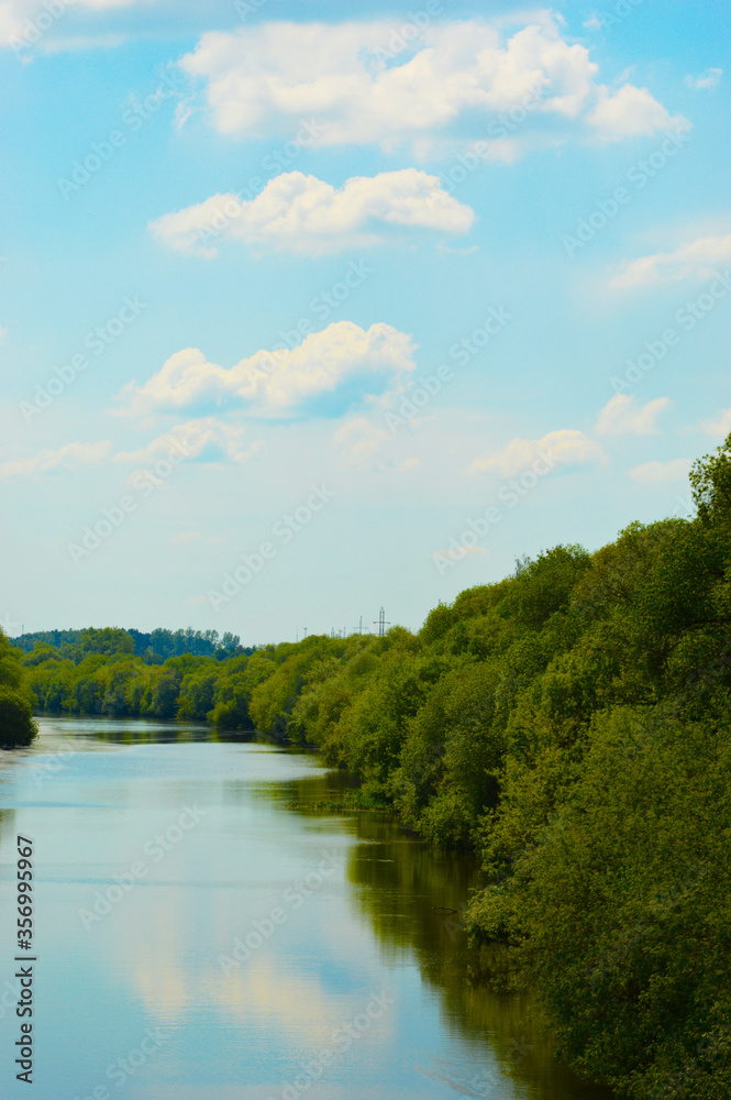 river, blue sky, white clouds and green trees. nature in summer.