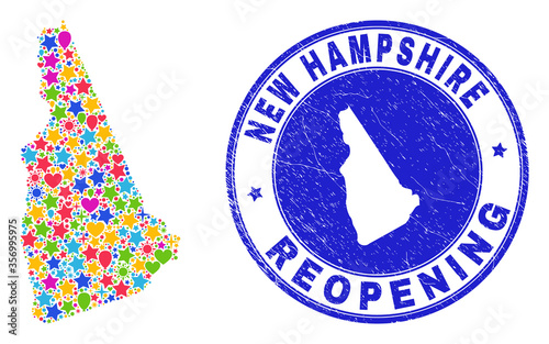 Celebrating New Hampshire State map collage and reopening textured stamp. Vector collage New Hampshire State map is organized with randomized stars, hearts, balloons.
