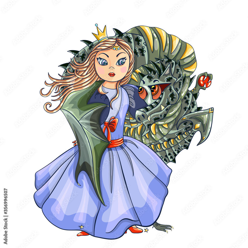 Princess and dragon. Fairy tale. Fantasy illustration. Print. Vector illustration