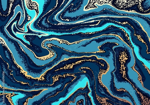 Luxury blue and gold liquid background. Marble texture imitation.
