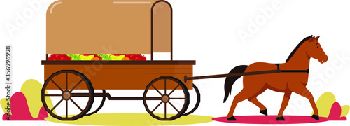 horse cart is moving while holding alot harvested crops