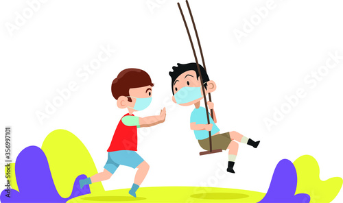 2 young boys are playing swing together while keep using medical mask