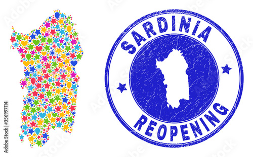 Celebrating Sardinia map collage and reopening scratched stamp. Vector collage Sardinia map is done of random stars, hearts, balloons. Rounded awry blue watermark with scratched rubber texture.
