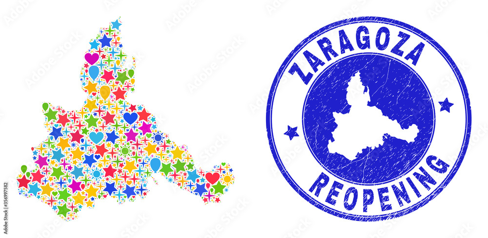 Celebrating Zaragoza Province map mosaic and reopening dirty stamp seal. Vector mosaic Zaragoza Province map is created of random stars, hearts, balloons. Celebrating Zaragoza Province map mosaic and reopening dirty stamp seal. Vector mosaic Zaragoza Province map is created of random stars, hearts, balloons.