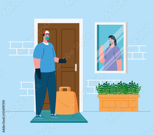 safe contactless delivery to home to prevent the spread of coronavirus 2019 ncov, woman at window vector illustration design