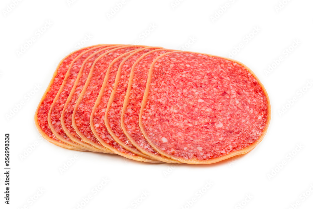 Salami slices isolated on white background. Salami slices isolated on white background.