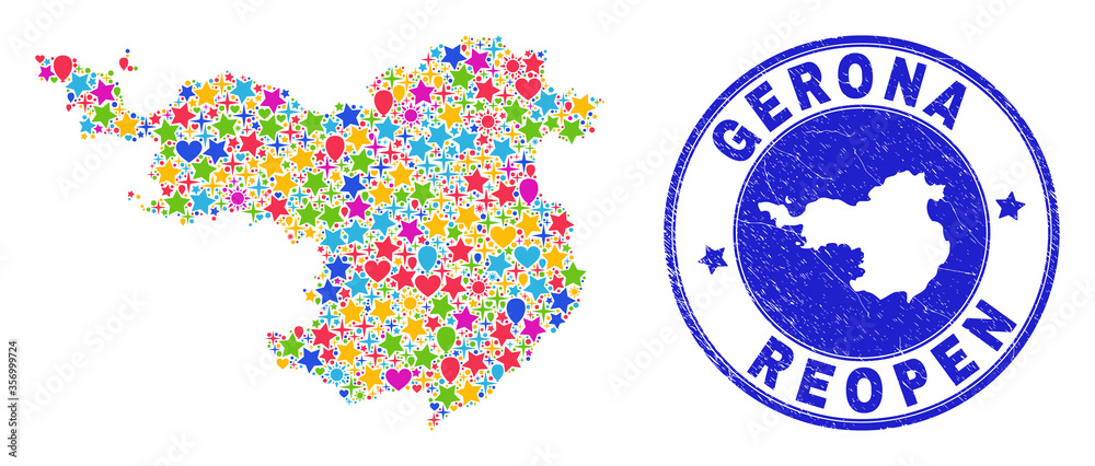 Celebrating Gerona Province map collage and reopening textured watermark. Vector collage Gerona Province map is constructed of scattered stars, hearts, balloons.