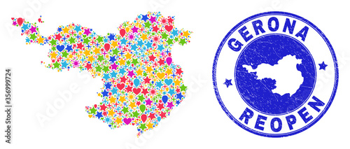 Celebrating Gerona Province map collage and reopening textured watermark. Vector collage Gerona Province map is constructed of scattered stars, hearts, balloons.