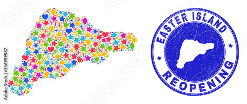 Celebrating Easter Island map collage and reopening grunge stamp seal. Vector mosaic Easter Island map is organized with random stars, hearts, balloons.