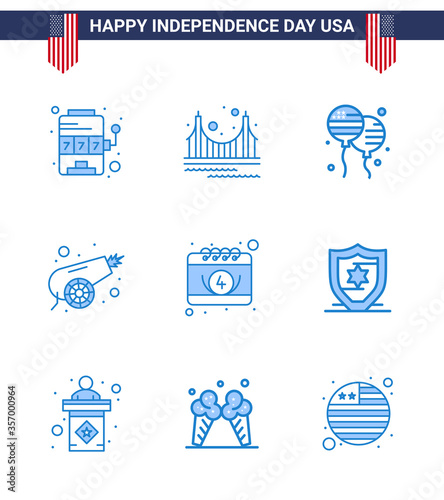 Stock Vector Icon Pack of American Day 9 Line Signs and Symbols for american; war; tourism; canon; american photo