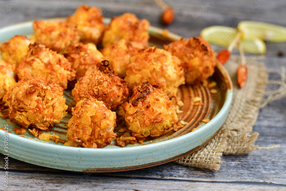 Home made Crispy Chicken Popcorn with honey mustard sauce on wooden background Home made Crispy Chicken Popcorn with honey mustard sauce on wooden background