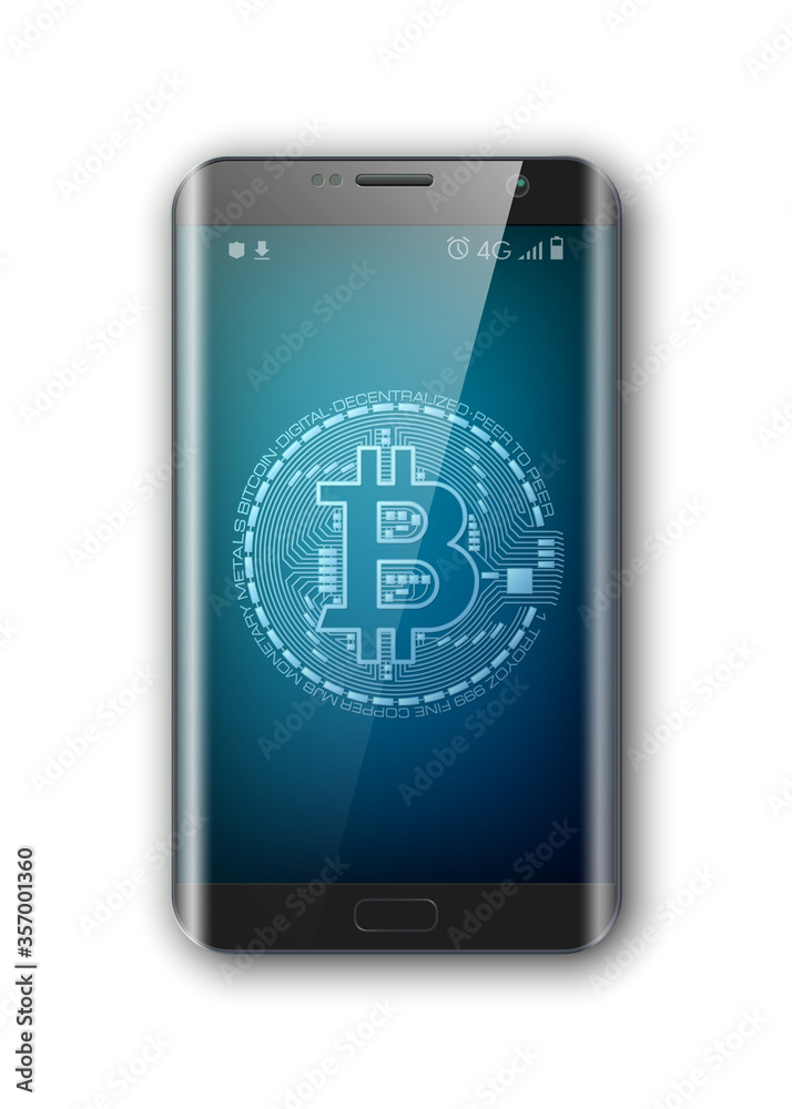 HUD smartphone bitcoin. Phone digital currency money. technology microchip mining worldwide network concept. Web banner golden bitcoin on smartphone background. Physical phone bit coin. Cryptocurrency