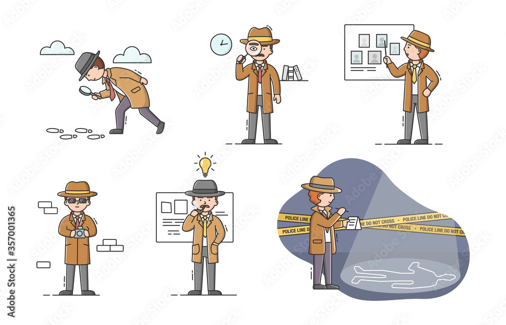 Private Detective Concept. Set Of Young Cartoon Detectives With Tools In Different Situation. Characters Do Their Job. Process Of Searching Evidences. Cartoon Linear Outline Flat Vector Illustration