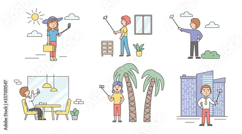 Making Selfie Concept. Set Of Men And Women Making Selfie By Smartphone On Stick. Characters Make Pictures During Vacations Or Business Trips. Cartoon Linear Outline Flat Style. Vector Illustration