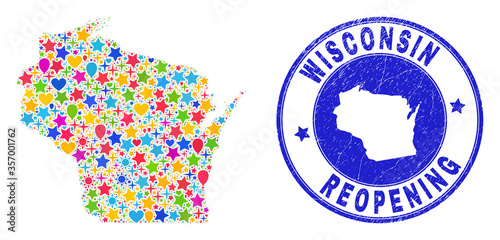 Celebrating Wisconsin State map mosaic and reopening rubber seal. Vector mosaic Wisconsin State map is created of random stars, hearts, balloons. Rounded rough blue seal with grunge rubber texture.