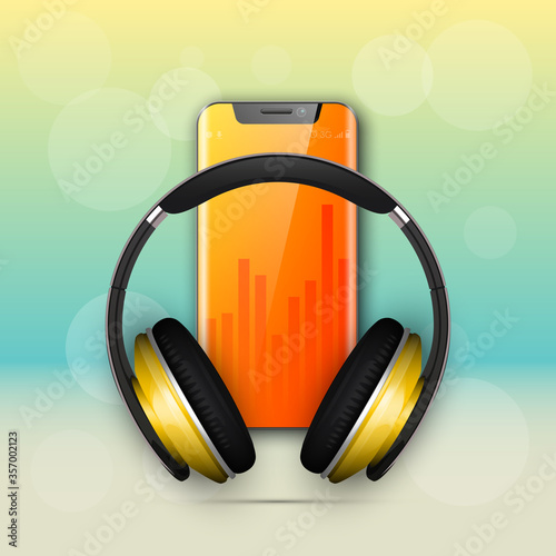 Image headphones on smartphone latest model background. Device for listening music on phone latest model background. Color stereo headphone for listening audio from phone. Banner earphones music party