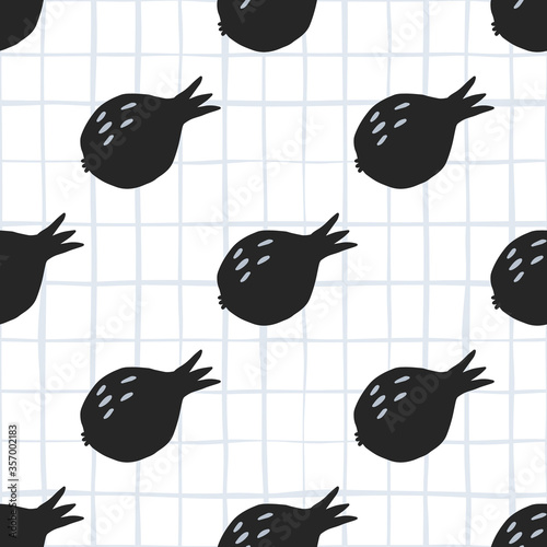 Decorative black pomegranate fruit seamless pattern on lines background.