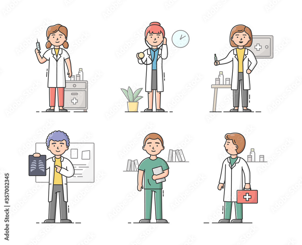 Concept Of Health care And Medicine. Team Of Doctors In White Coats Men And Women At Work. Set of People Ready To Consult And Treat Patients. Cartoon Linear Outline Flat Style. Vector Illustration Concept Of Health care And Medicine. Team Of Doctors In White Coats Men And Women At Work. Set of People Ready To Consult And Treat Patients. Cartoon Linear Outline Flat Style. Vector Illustration