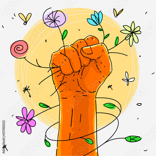 Vector Illustration Symbol Fist Rebellion With Flowers