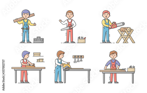 Joiner Profession And Labor Day Concept. Set Of Carpenters In Uniform, With Work Tools At Their Workplaces. Professional Construction Workers Team. Cartoon Linear Outline Flat Vector Illustration