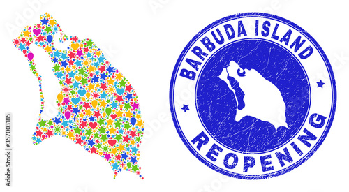Celebrating Barbuda Island map collage and reopening rubber watermark. Vector mosaic Barbuda Island map is organized with random stars, hearts, balloons.
