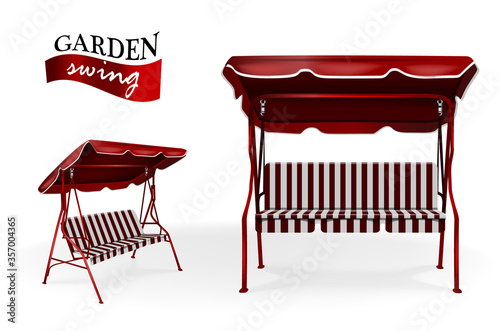 Metallic red garden swing with canopy on white background vector template. Camping and garden summer furniture
