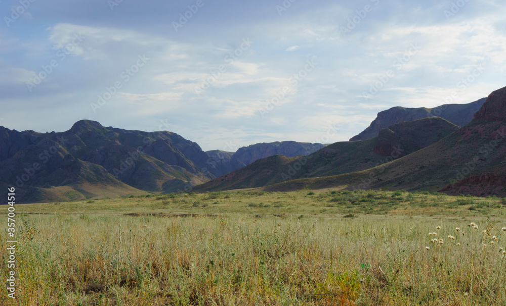 Landscape in the steppe, Prairie. Landscape in the river valley, mountains.
