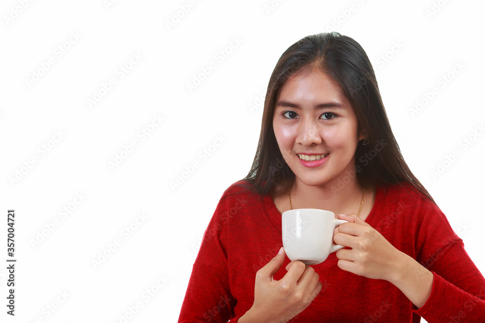 custom made wallpaper toronto digitalYoung Asian teeenager in red casual shirt holding coffee cup drinking on white background with copy space