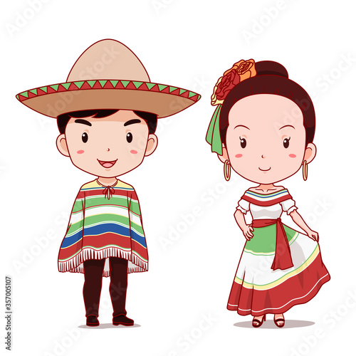 Cute couple of cartoon characters in Mexican traditional costume.