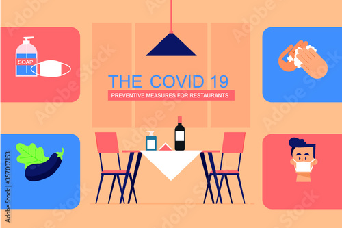 Physical Social distancing concept in restaurant, a man and a woman sit a distance apart in food center, a restaurant or a cafe . COVID-19 pandemic time