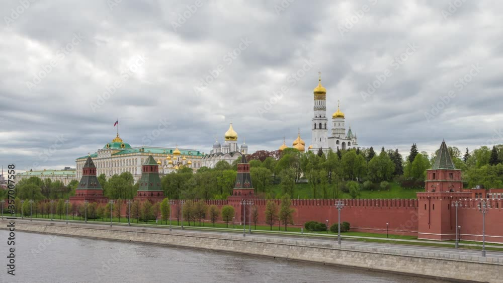 Moscow Kremlin, river and cloudy sky without people, Russia. Time lapse Moscow Kremlin, river and cloudy sky without people, Russia. Time lapse