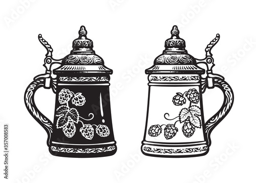 Two German stein beer mugs. Black and white. Hand drawn vector illustration on white backgraund. Brewery, beer festival, bar, pub design.