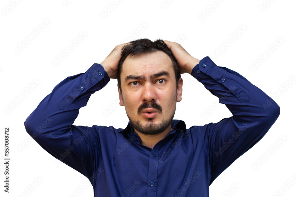 The bearded Man holding his head and upset, isolated